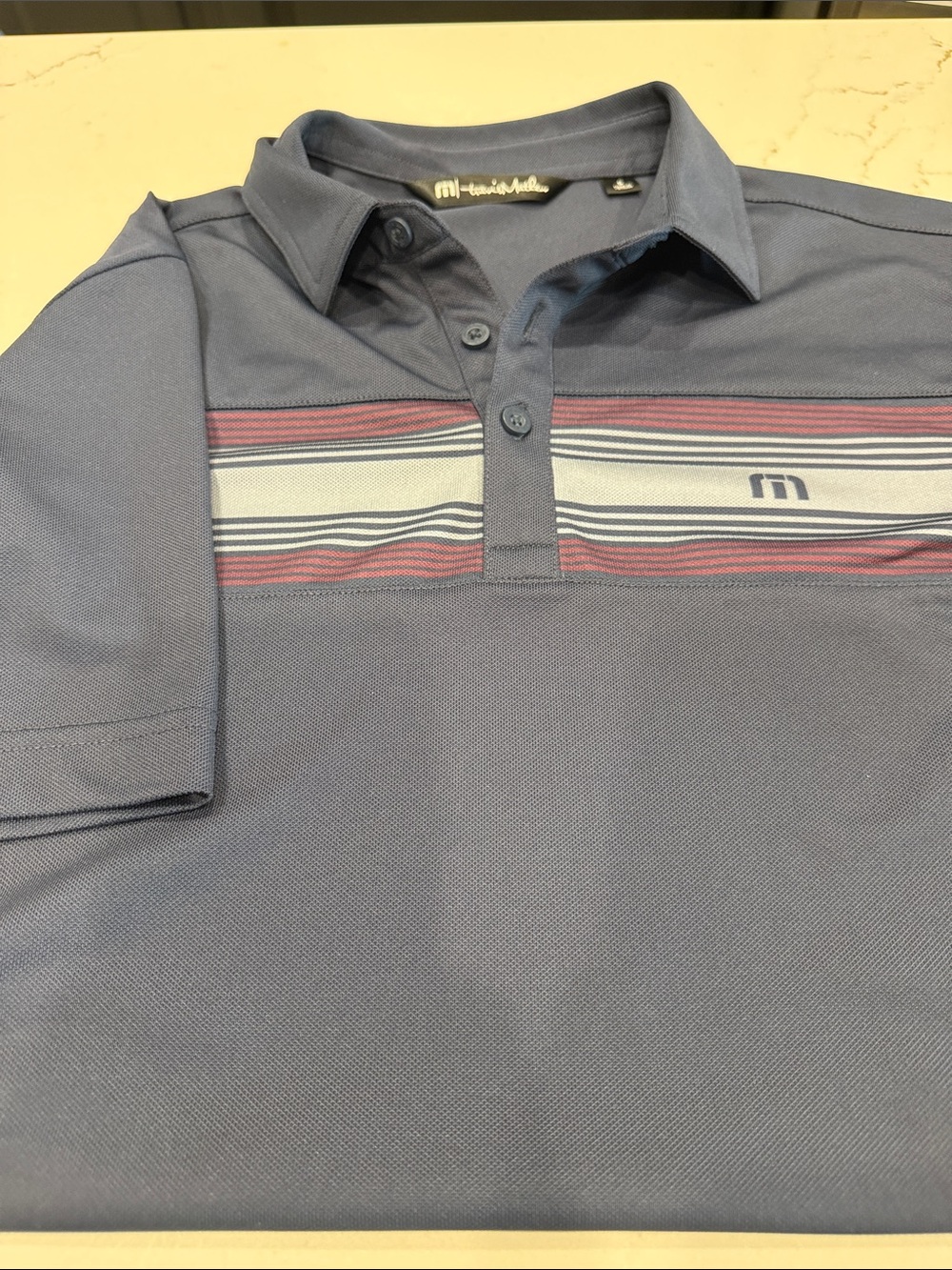 Travis Mathew Slate Blue Polo with White and Maroon Stripes